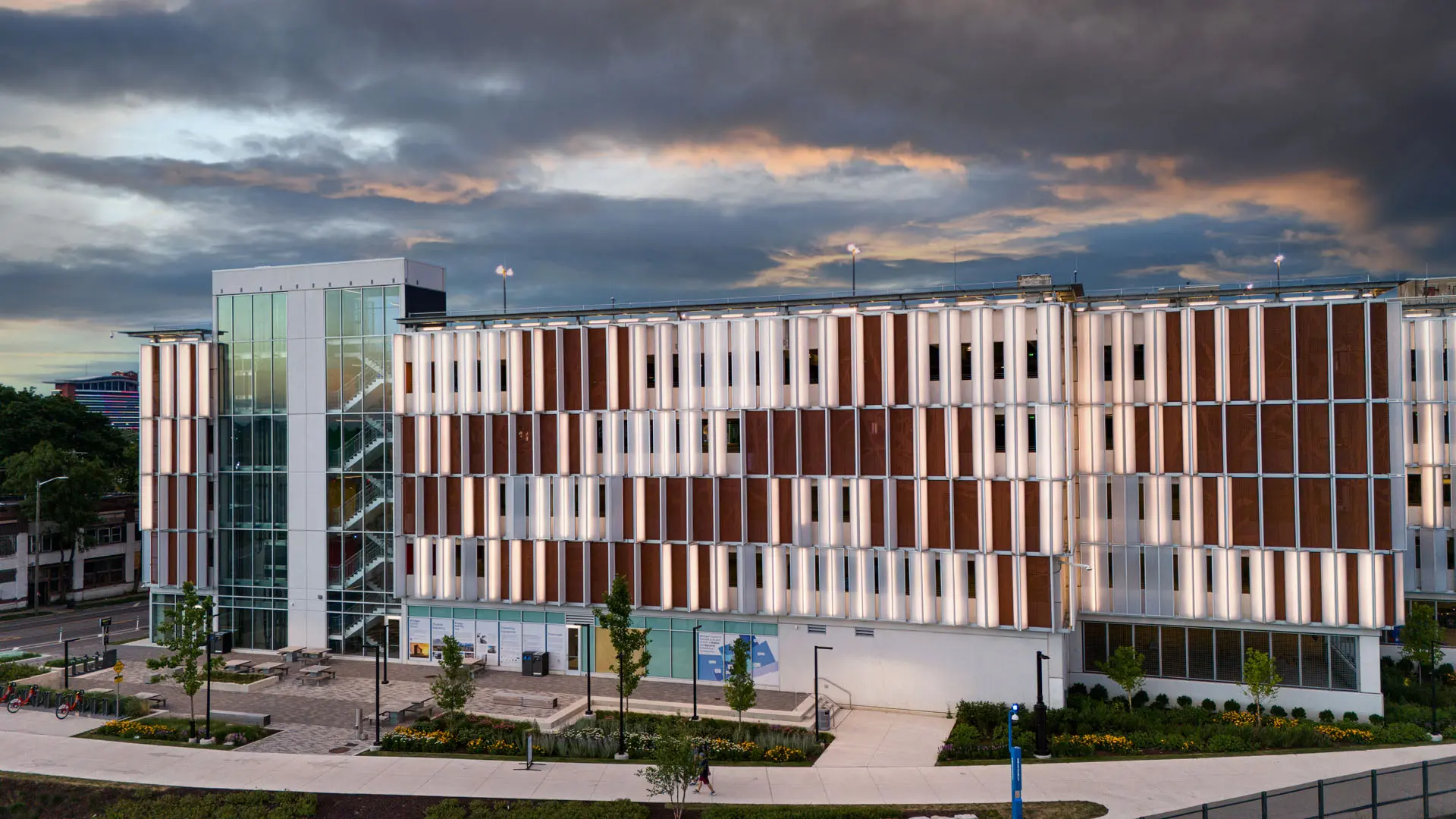The Bagley Mobility Hub at twilight, Corktown, Detroit